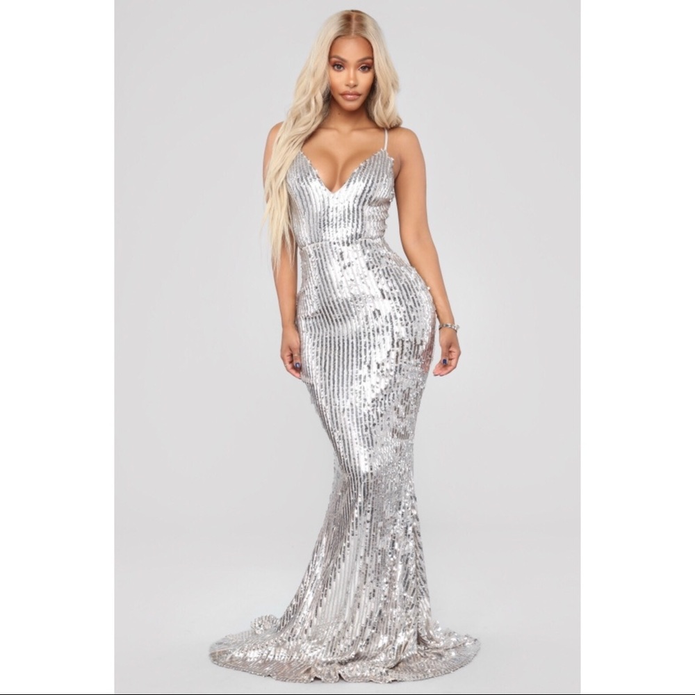 Silver Sequin Evening Maxi Dress